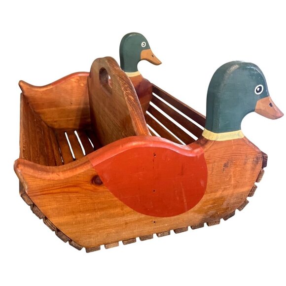 Vtg 18" Wooden Sawmill Critters Mallard Duck Slatted Wood Carry Basket Rustic Co - Picture 2 of 8